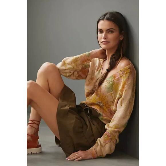 Anthropologie The Dreamer Floral Printed V Neck Linen Blend Knit Sweater Large - Picture 1 of 15